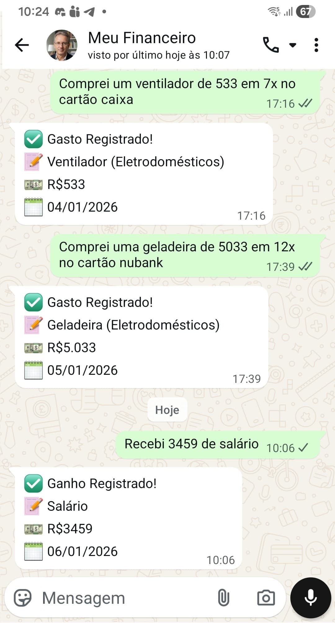 Exemplo de conversa no WhatsApp com o FinZaa